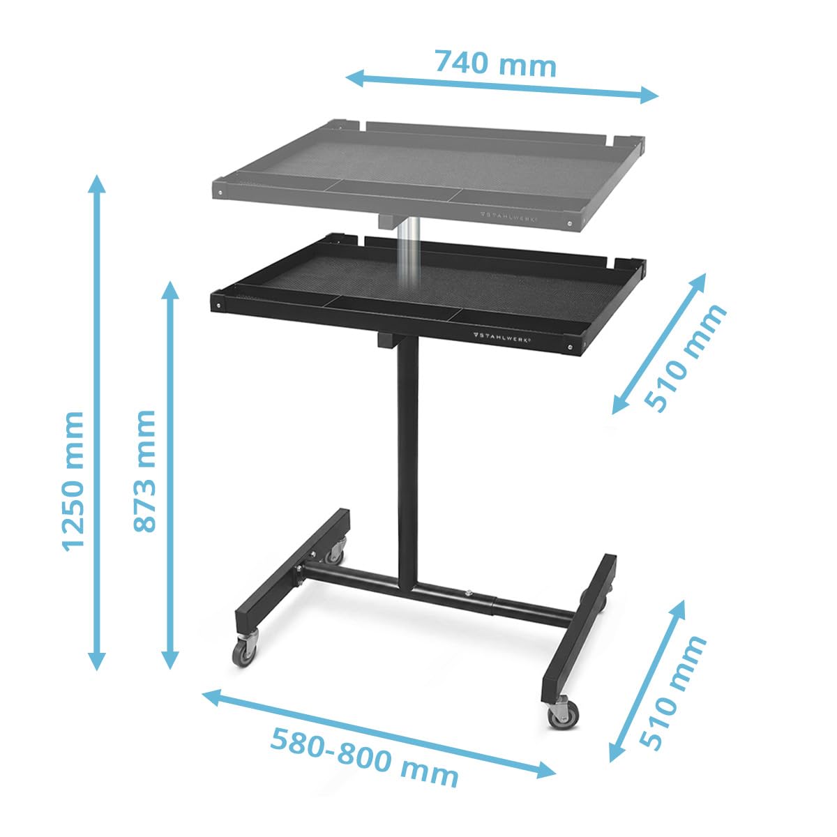 STAHLWERK Mesa de trabajo regulable en altura de 87,3 a 125 cm, capacidad de carga de 90 kg | Banco de trabajo móvil con 4 ruedas giratorias, garaje, taller, bricolaje