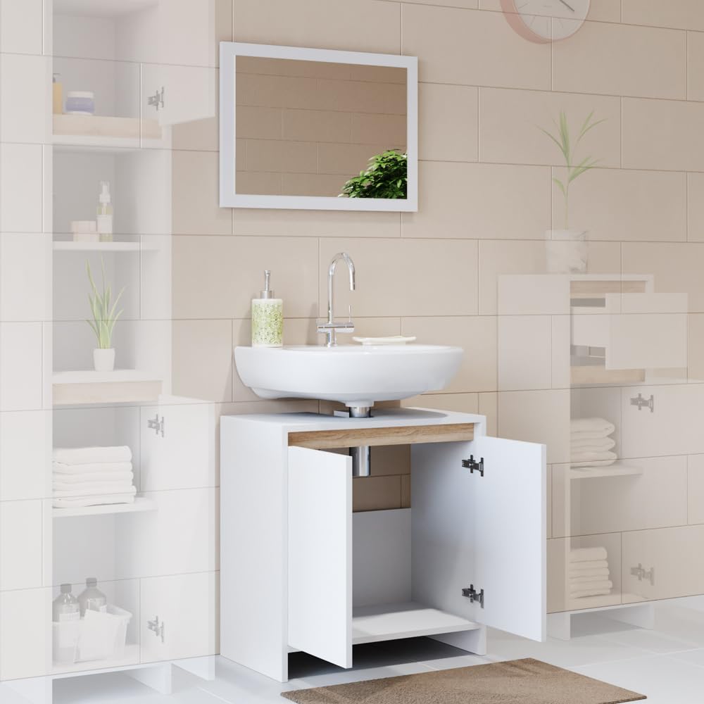 Vicco Set mobili bagno Emma, Bianco/Sonoma, 58 cm, composto da specchio da bagno e mobile sottolavabo