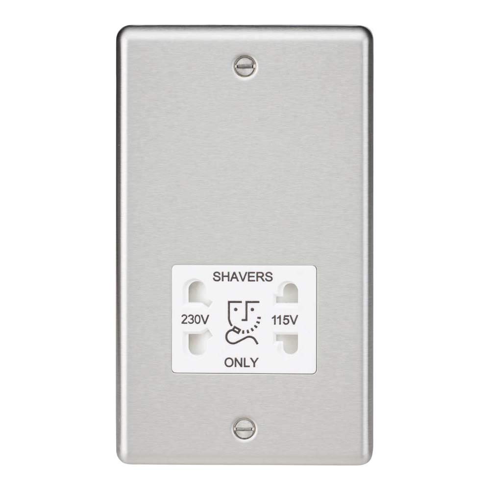 Knightsbridge Round Edge Dual Voltage Shaver Socket in Brushed Chrome with White Insert