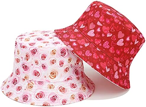 Arogheiz Bucket Hat for Women Double Sided Sun Hat Reversible Floral Fruit Print Fisherman Hat for Travel Beach Fishing Pool （Heart/Flower）