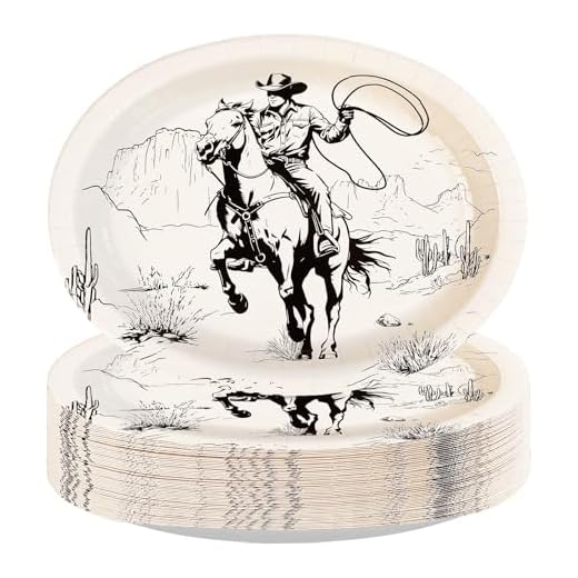 Greencian 50Pcs Western Cowboy Oval Paper Plates 10" x 12" Large Disposable Heavy Duty Cowboy Ranch Paper Platters Wild West Rodeo Party Dessert Plates for Boys Lunch Dinner Birthday Party Supplies