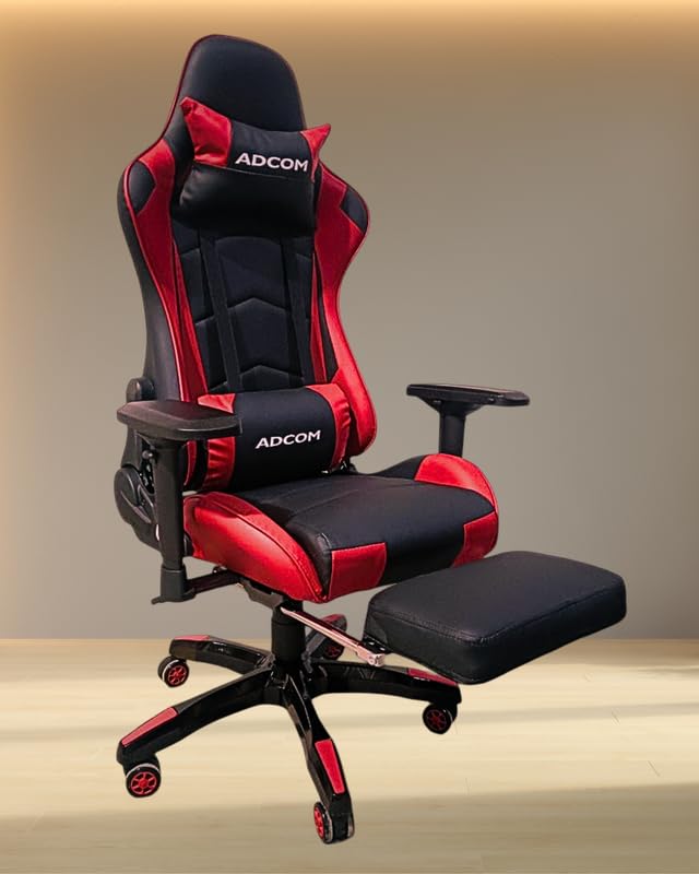 Image of Adcom Mutant Pro Ergonomic Gaming Chair with Footrest, Premium PU Leather, PVC & 180 Recline, Adjustable Neck & Lumbar Support, 4D Adjustable Armrests (Black & Red)