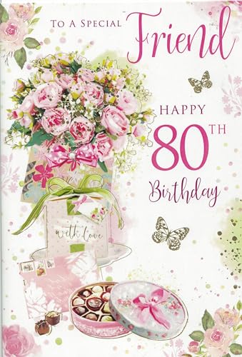 80th Birthday Card for Women Luxury Floral Friend Greeting Card with Pink Roses Butterflies & Gift Box Design Special Keepsake Card for Her with Chocolates & Envelope