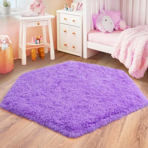 4x4.6 Feet Purple Hexagon Rugs for Bedroom, Ultra Soft Fluffy Hexagon Area Rug for Kids Room, Cute Shag Rugs for Boys Girls Room, Fuzzy Plush Carpet for Tent Castle Home Decor