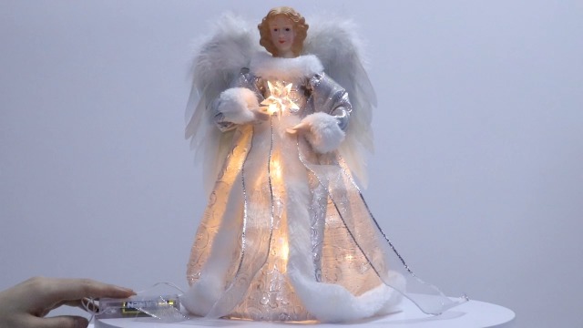 White Fabric Angel Tree Topper – Lighted, 10 Warm White Lights, Shabby Chic Christmas Decor