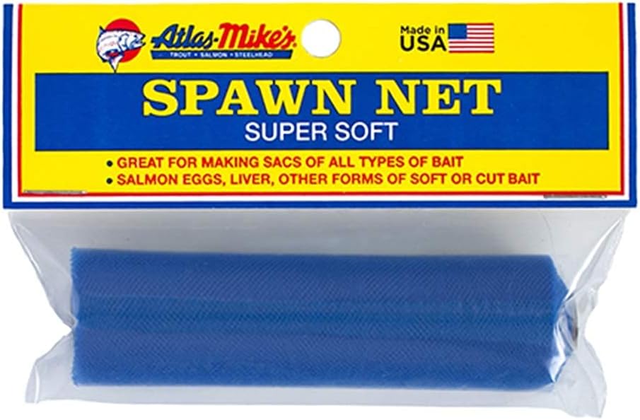 ATLAS MIKE'S Super Soft Spawn Net - Premium Fishing Bait Holder for Salmon Eggs, Liver, Cut Bait, Roe Sacks - Durable Nylon Mesh, Easy-Tie Design, USA-Made Quality - 4" Squares - Blue