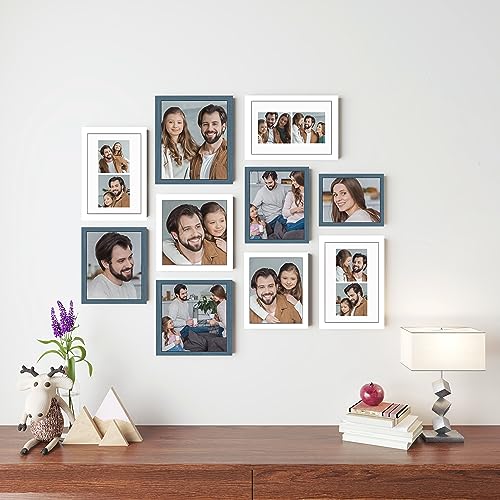 Image of Art Street Large Collage Wall Photo Frame Individual Picture Frame Set For Living Room, Decorative Wall Hanging Home Decor - Set Of 10 (6x8, 8x8, 8x10, 6x10 Inch, White-Blue)