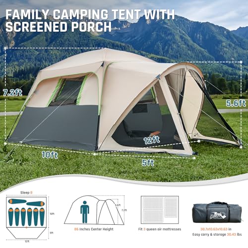 Image of Tents for Camping 6 /8 /10 Person Camping Tent with Screen Porch, Weatherproof Large Cabin Tent with Rainfly and Carry Bag, Family Tent for Outdoor Camping and Backyard