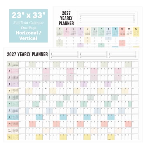 Full Year Calendar 2027 One Page, Yearly Wall Calendar, Paper Annual Wall Calendar, Big Ass Calendar, Horizonal/Vertical, 23" x 33"(Rainbow B)