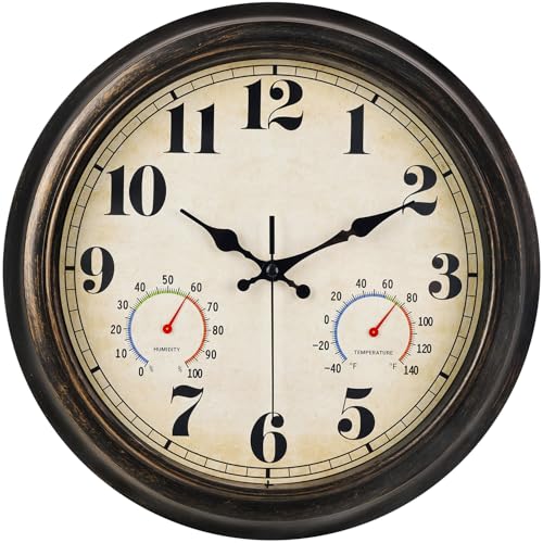 zyzamay 13 Inch Outdoor Clock with Thermometer and Hygrometer, Waterproof and Silent, Large Easy-to-Read Numbers, Ideal for Bedroom,Office,Living Room,Porch,Garden,Pool(BlackGold)