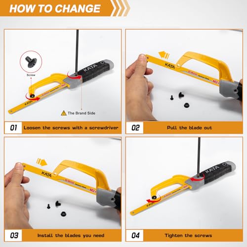 KATA Mini Hacksaw for Metal Cutting, Compact Hand Hack Saw Tool with 10 Inch Aluminum Frame and 2 Piece Extra Flexible Bi-Metal HSS Saw Blades, Small Handsaw Cutter for Wood, PVC, Iron, Copper