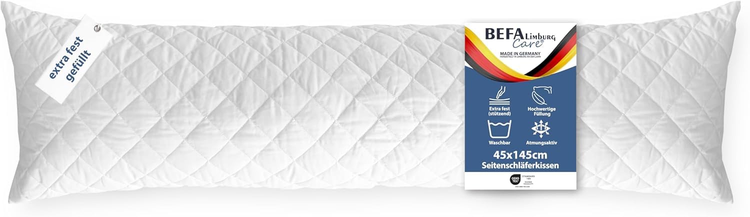 Seitenschläferkissen 40x145 cm EXTRA FEST| Schwangerschaftskissen | 1400g Füllgewicht | OEKO-TEX zertifiziert | Allergiker geeignet | Made in Germany