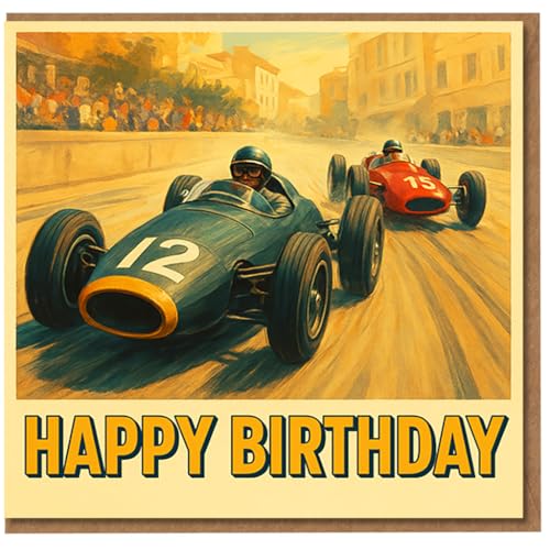 Image of Happy Birthday Card - Vintage Grand Prix Racing Cars 12 & 15 - Motorsport Fan Card for Him, Dad, Son, Boyfriend, Petrolhead