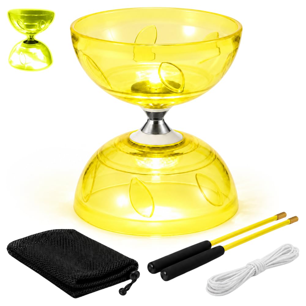 LED Triple Bearing Diabolo Set, SGZIOO Diablo Toy, Juggling Set with 10m Spare String, 2 Professional Sticks, Net Bag, Free Spinning Ball Bearing, Circus Toy for Adult, Beginner, Professional (Yellow)