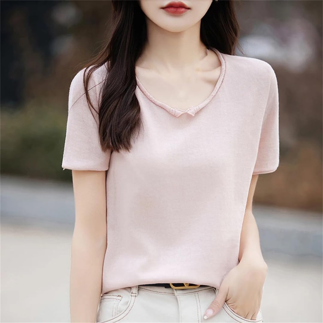 T-shirt d'été à manches courtes pour femme - Couleur unie - Tricot - Col rond - Haut ample
