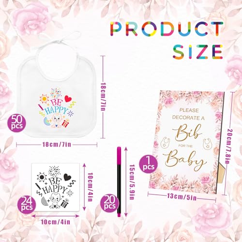 SytuHe 95 Pcs DIY Baby Bibs Decorating Kit50 White Bibs 24 Stencils 20 Fabric Markers 1 Baby Shower Game Sign2