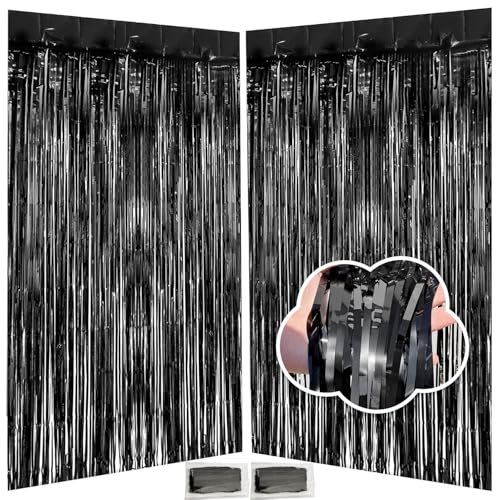 Image of Black Tinsel Foil Fringe Curtains 3.3 x 8.2 ft, Black Fringe Backdrop for Streamers Party Decorations, Glitter Photo Backdrop for Door Decorations Hanging Birthday Bachelorette Halloween (2 Pack)