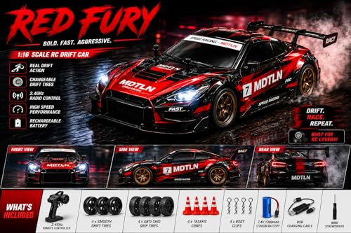 Image of 1:16 Scale RC Drift Car, 2.4GHz Remote Control Racing Car, 4WD High Speed with LED Lights, Proportional Throttle, Extra Drift Wheels for Kids & Adults