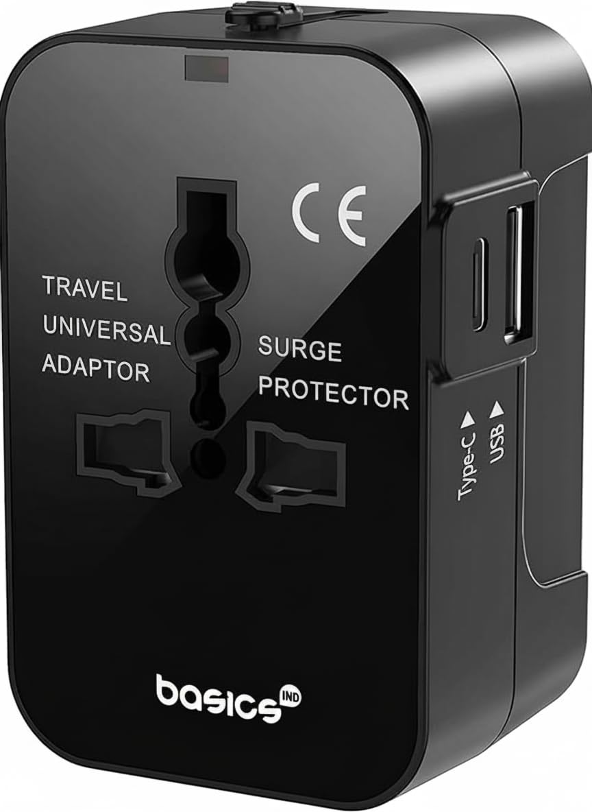 Basics India Universal Travel Adapter with Surge Protection & USB-C Charging – All-in-One Global Power Converter/Compatible with Smartphones, Laptops, Camera, Mobiles, Tablets (Black)-image-34