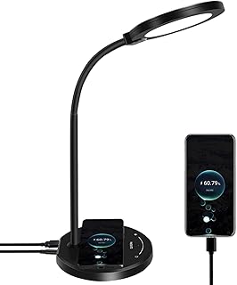 Desk Lamp with Wireless Charger, LED Desk lamp with USB Charging Port, 5 Lighting Modes 10 Brightness Levels, Sensitive Control Eye-Caring Office Lamp Black