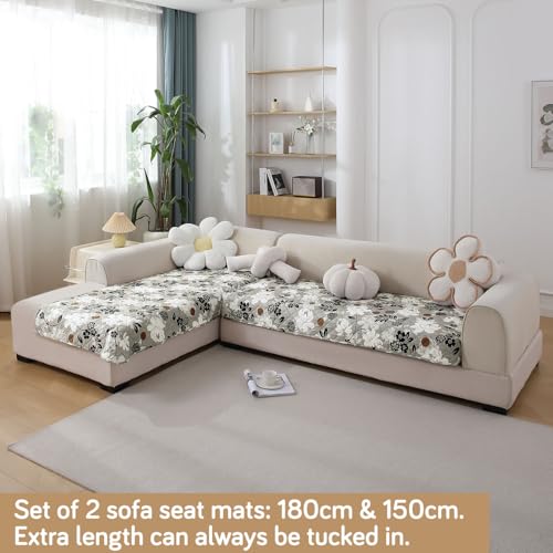 Image of HOKIPO 'Elira Series' Printed Water Repellent + Waterproof Quick Dry L Shape (3+2 Seater) Sofa Seat Cover Mat, Feather Brown Floral (AR-5249-C1 + AR-5246-C1)