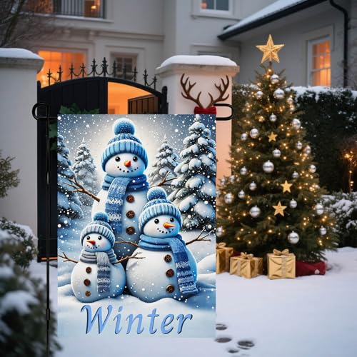 Image of BlissYard Garden Flag Snowman Family Forest Winter 12x18 Inch Polyester