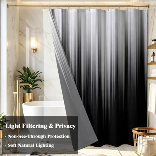Image of AAtter 3 in 1 Black White Gothic Shower Curtain Set, 72x72 Inch, 12 Hooks | Polyester Fabric with PEVA Liner, Dark Grey Ombre Pattern, Modern Abstract Style, Standard Bathroom Decor for Men