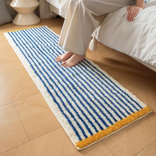 GIB Blue and White Striped Bathroom Rug Mat 47' x 16', Yellow Accent, Extra Soft Absorbent Non-Slip...