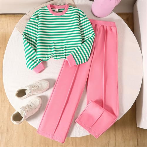 Girls 2 Piece Oufits Loose Crewneck Long Sleeve Striped T-Shirts & Straight Leg Pants Cute Tracksuit for Boys 8-12 Years2