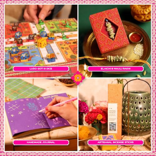 Image of Phool 13-item Ludo Rakhi Gift Hamper for Brother | Elaichi Rakhi, Coffee, Laddoo, Chikki, Soap & Ludo Game | Premium Raksha Bandhan Gift Set for Bhai rakhi gift hamper box set combo brother bhai sister