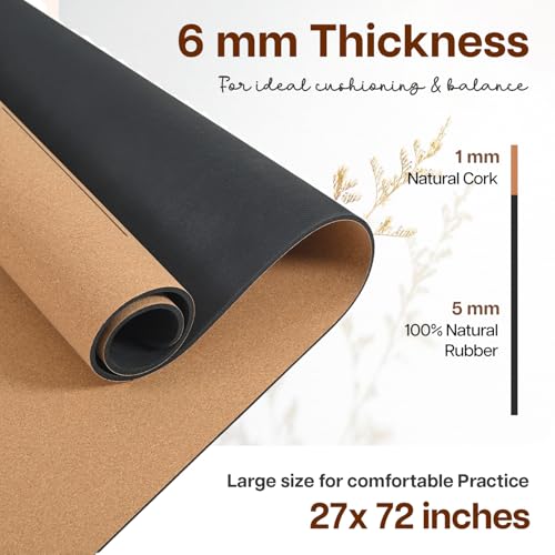 Image of Wiselife Cork Natural Rubber Yoga Mat with Carry Strap 6MM | Extra Large Extra Wide | Anti skid Anti slip for Yoga & Workout (Cork 7 chakra)