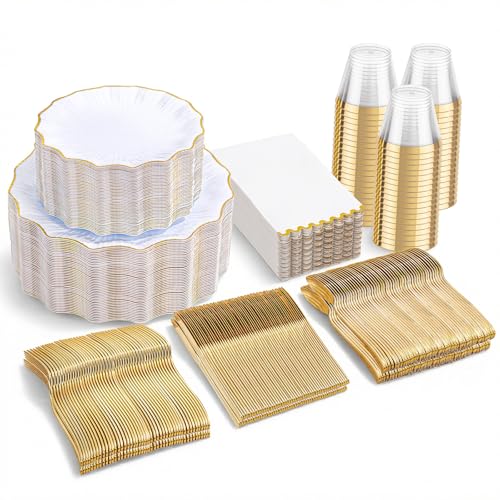 I00000 350 PCS White and Gold Plastic Plates for 50