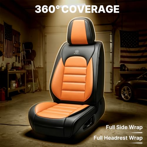 Image of Full Set Car Seat Covers for Jeep Compass 2007-2026, Waterproof Stain-Resistant Seat Cover, Premium Nappa Leather Seat Protectors with Storage Pockets(Standard 5 Seats /Black&Orange)