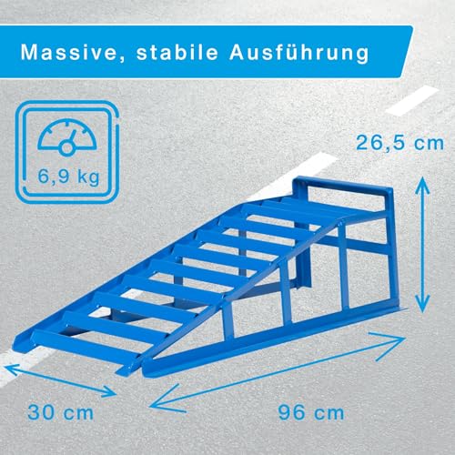 cartrend 10904 Auffahrrampe, blau, Tragkraft 1000 Kg, für Reifen bis 195mm Breite, mit Überfahrschutz 1 Stück, Hebebühne, KFZ Rampe, Auffahrbock, Hebeplattform,