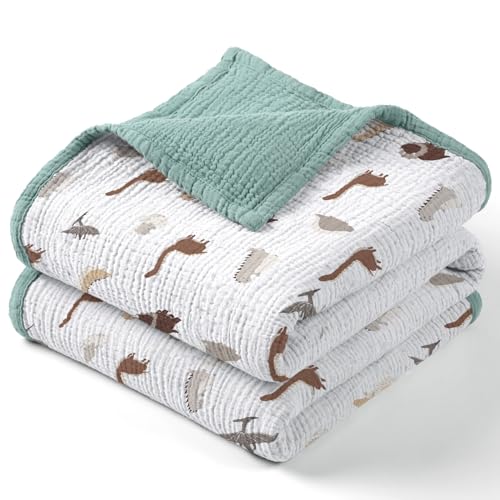 Image of Lulu moon Muslin Baby Blanket - Cotton Quilt Blankets for Toddlers - Reversible Nursery Crib Blanket for Baby Boys and Girls 47"x47"(Sage Dinosaur)