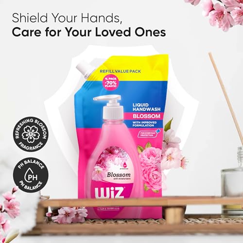 Image of Wiz Blossom Hand Wash Refill Pouch - 1L (Pack of 2) | Floral Fragrance for Lasting Freshness| Germ Protection | pH Balanced | 70% Less Plastic | Gentle Everyday Hand Care