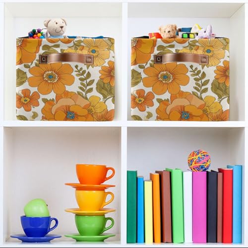 Image of Aslsiy Storage Basket Vintage 70s Style Flowers Nursery Bins Baby Box Canvas Clothes Shelf Basket Laundry Hamper Gift Baskets for Home Closet 1 Pcs