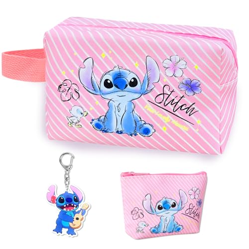 Cartoon Kosmetiktasche Mädchen Makeup Tasche, Reise-Kosmetiktasche mit Geldbörse und Schlüsselanhänger, PU-Reise-Kulturbeutel, Make-up-Zubehör, Geschenk für Mädchen