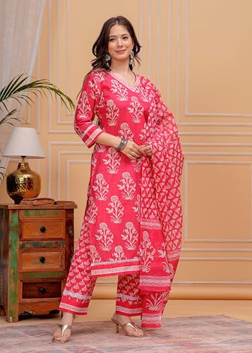 Image of MEERA FAB Women's Cotton Blend Straight Printed Kurta with Palazzo & Dupatta