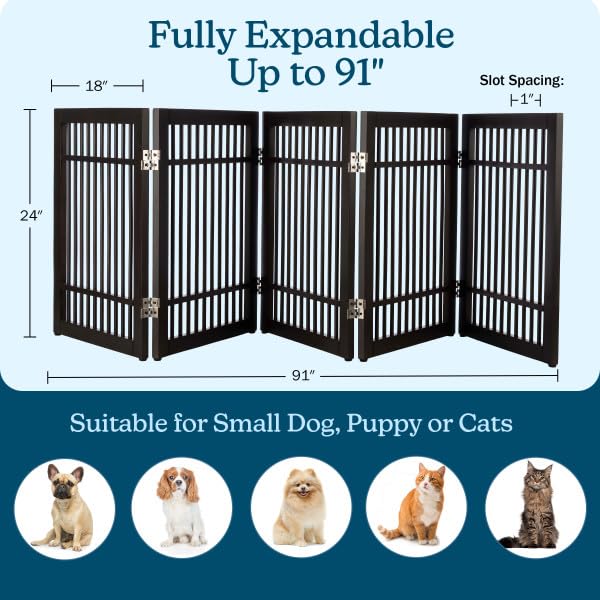 Freestanding Dog Gate - 5-Panel Foldable Indoor Pet Fence - 91x24-Inch Extra Wide Wood Dog Gate for Stairs, Hallways or Doorways by PETMAKER (Brown) Brown 5 Panel