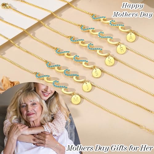 Dainty Gold Bracelet with Initials, Gifts for Women Initial Bracelets for Women Mom Gift Teen Gifts Trendy Stuff Wave Bracelet Grandma Graduation Gifts for Her 2025 Daughter Friend Letter A-Z Birthday Christmas Jewelry