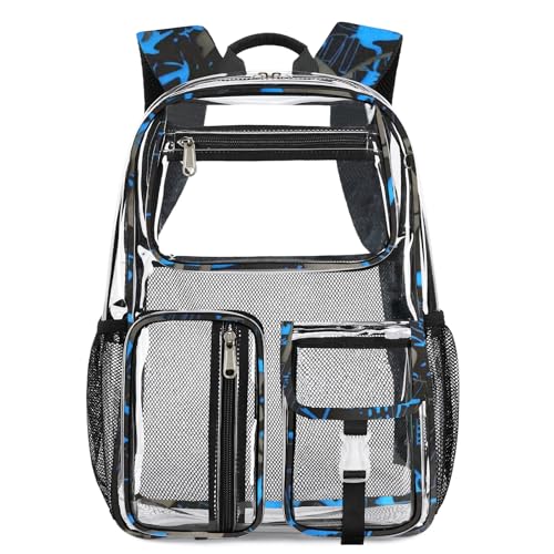 Image of Large Clear Backpack Heavy Duty For Stadiums Events,16in TPU Blue BookBag | Large capacity See Through strong Plastic backpack Stitch Durable Design 6-Pocket For School carry Airport Quick Security