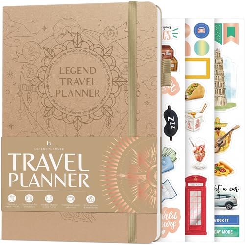 Legend Travel Planner – Vacation Itinerary Organizer for Solo Travel & Couples – Travelling Journal for Women & Men – Traveling Log with Expense Tracker & Packing List – Hardcover (Sandstone)