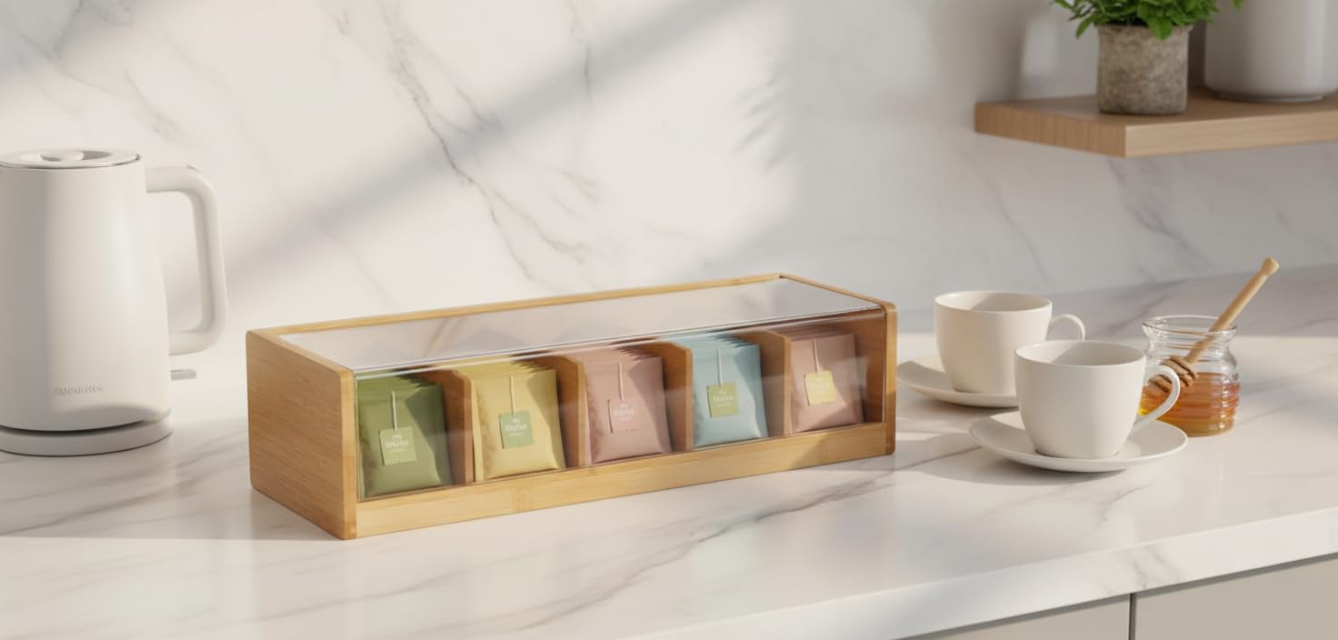 VITA PERFETTA - Caja de té con 5 compartimentos de bambú, caja de almacenamiento para bolsas de té (36 x 11 x 9 cm)