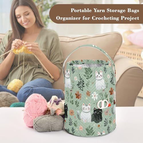 Image of Tatenale Crochet Bag Yarn Bag Knitting Project Bag with Pockets and Handle Portable Yarn Storage Organizer Tangle Free 8.3x11 InchMint Green Floral and Cute Cats02