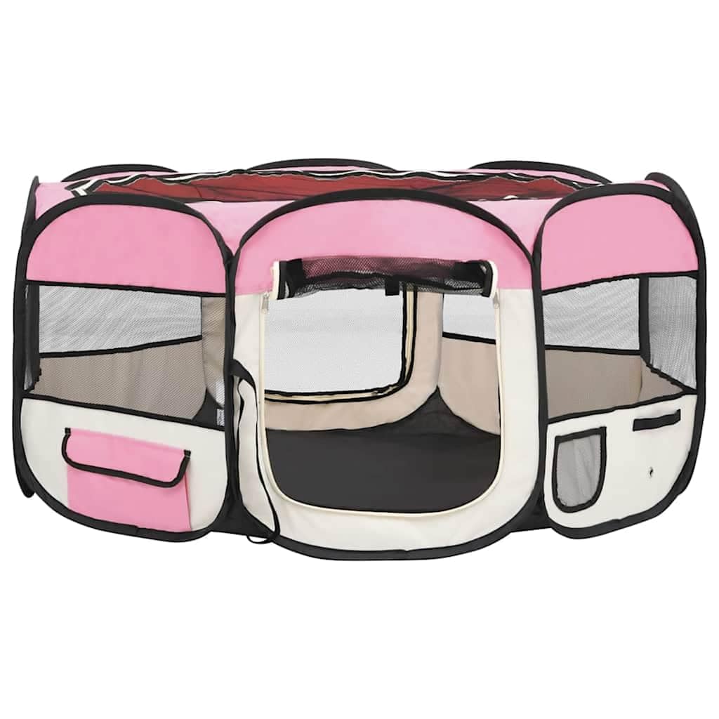 Welpenlaufstall faltbar für Hunde und Kleintiere, mobiler Tierlaufstall mit Tragetasche, Welpengitter Freigehege für drinnen und Reisen, Rosa und Creme, 145x145x61 cm