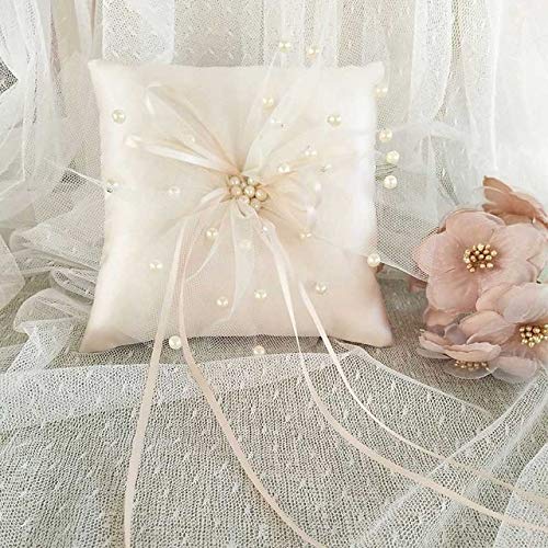Zcm Almohadas Decorativas Anillo de Boda de la Cinta del cordón del champán Almohada 15x15cm Perla de la Flor Decorativa del Anillo Portador Almohada de Bolsillo Cojín Ceremonia de Compromiso