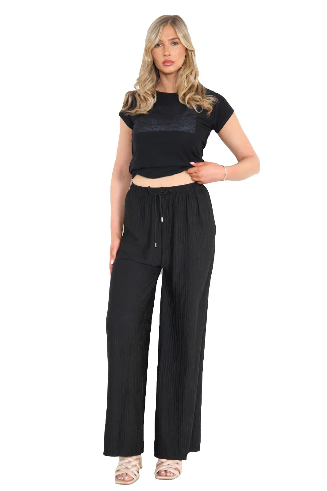 celebmodelook Womens Palazzo Crinkle Cheese Cloth Flared Pants Ladies Plain Wide Leg Summer Trousers Black