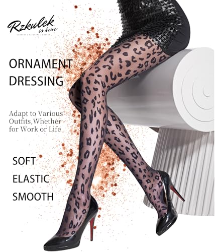 Image of Rzkulek Women's Sexy Animal Prints Sheer Tights Black Pattern Pantyhose Dating Silk Stockings Leopard Print (One Size, Leopard Print)