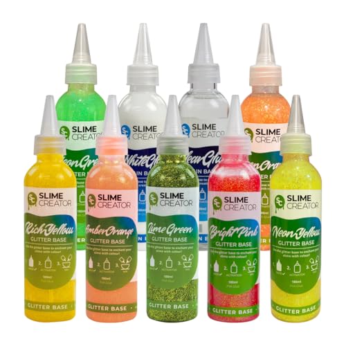 Slime Creator Glitter & Plain Base Bundle – 9 Pack | 180ml Bottles | Includes Glitter Bases (Amber Orange, Bright Pink, Lime Green, Green, Orange, Yellow, Rich Yellow) + White Glue + Clear Glue